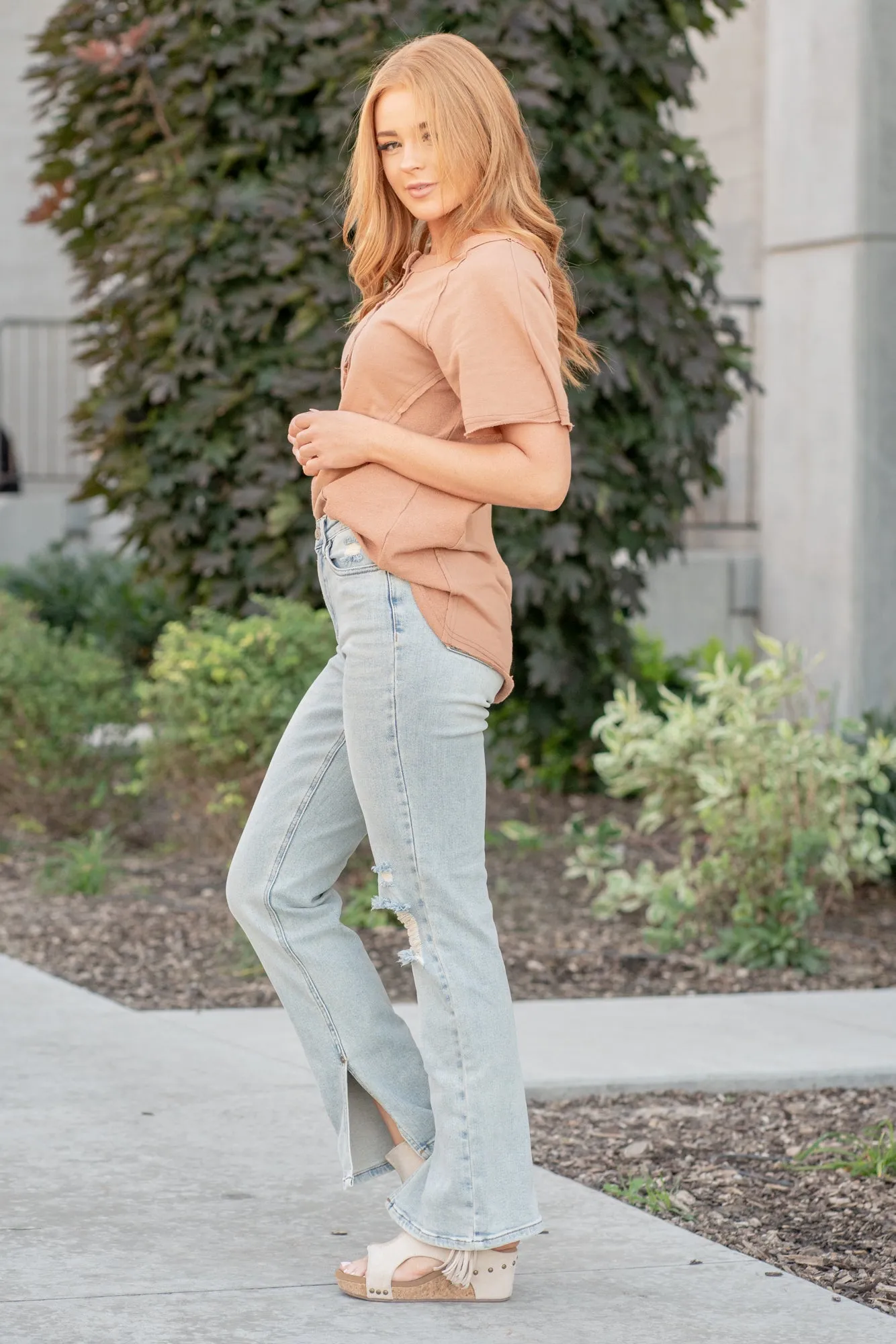 Adrian High Rise Slit Hem Straight Leg