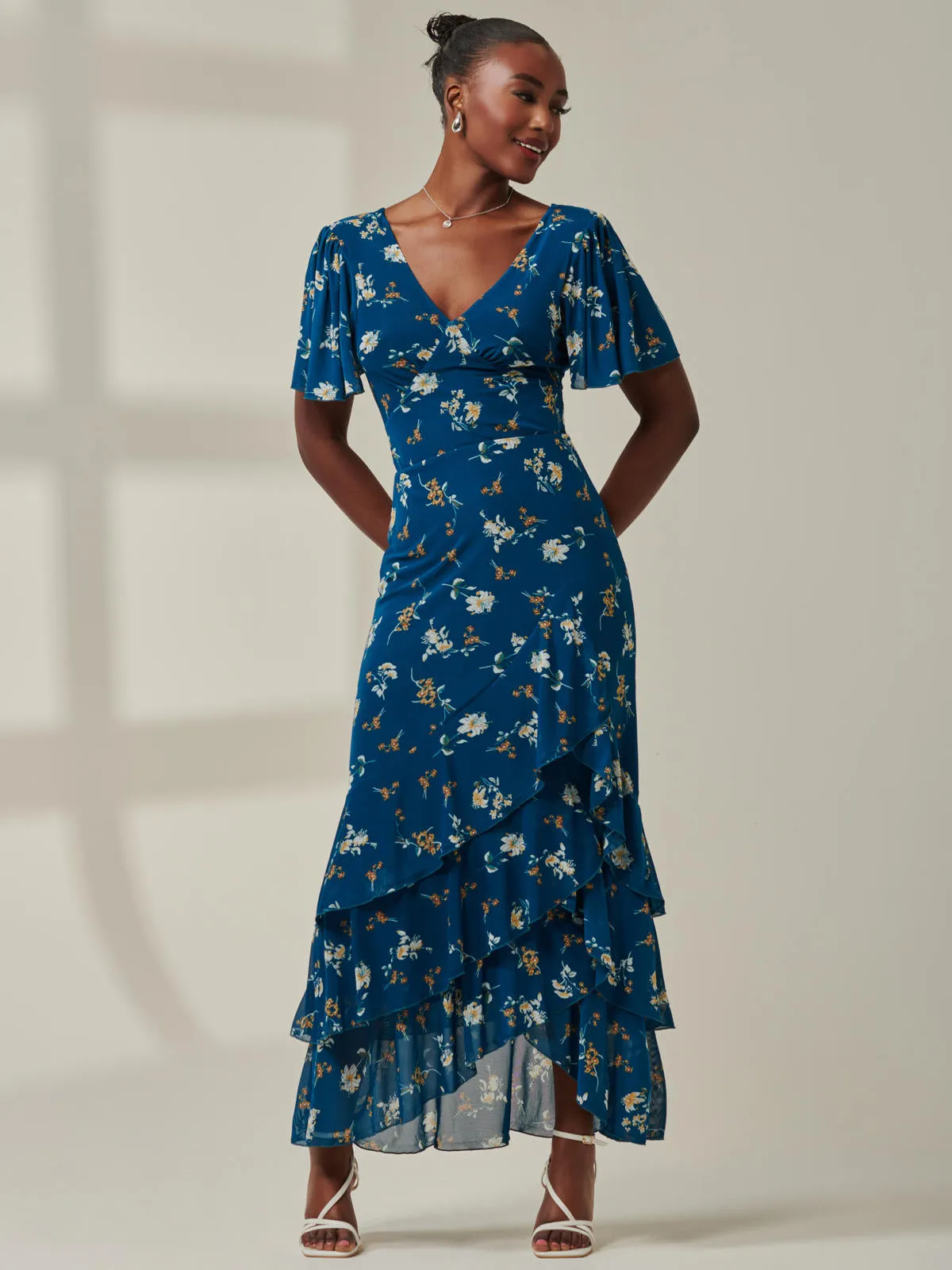 Angel Sleeve Tiered Hem Maxi Dress, Teal Floral