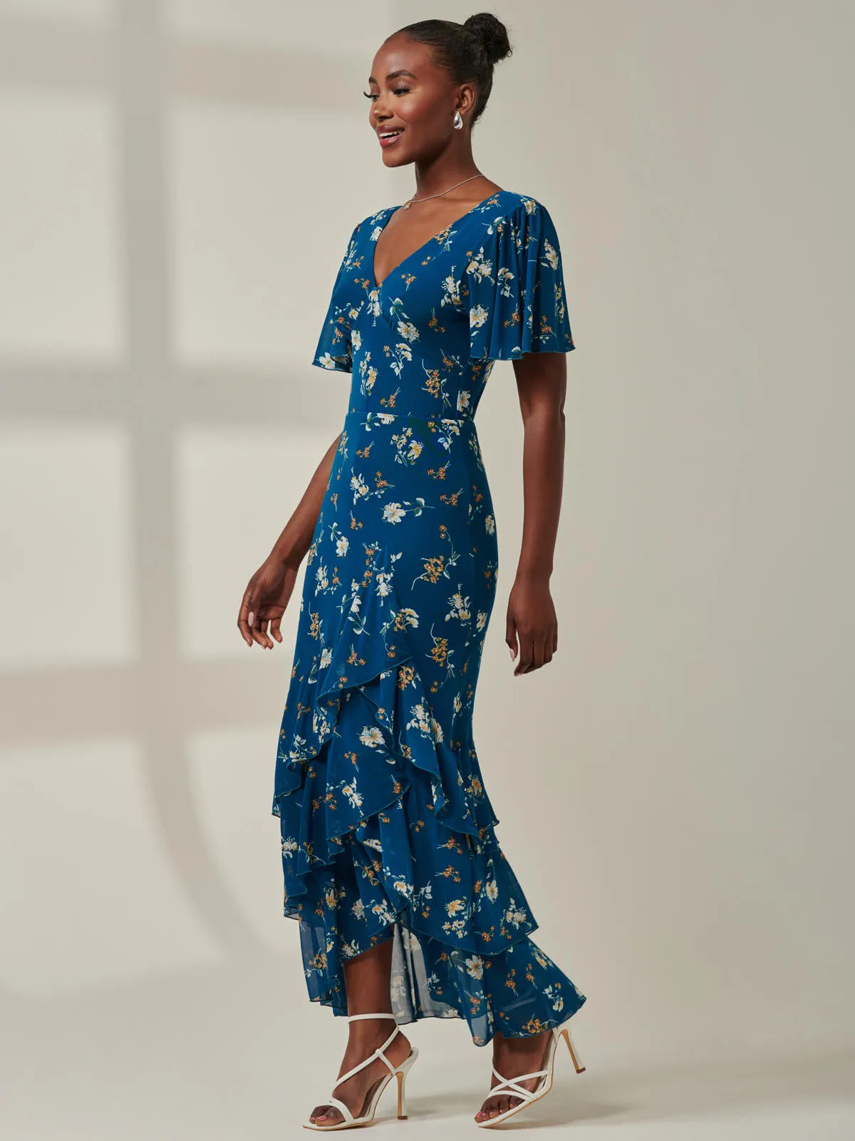 Angel Sleeve Tiered Hem Maxi Dress, Teal Floral