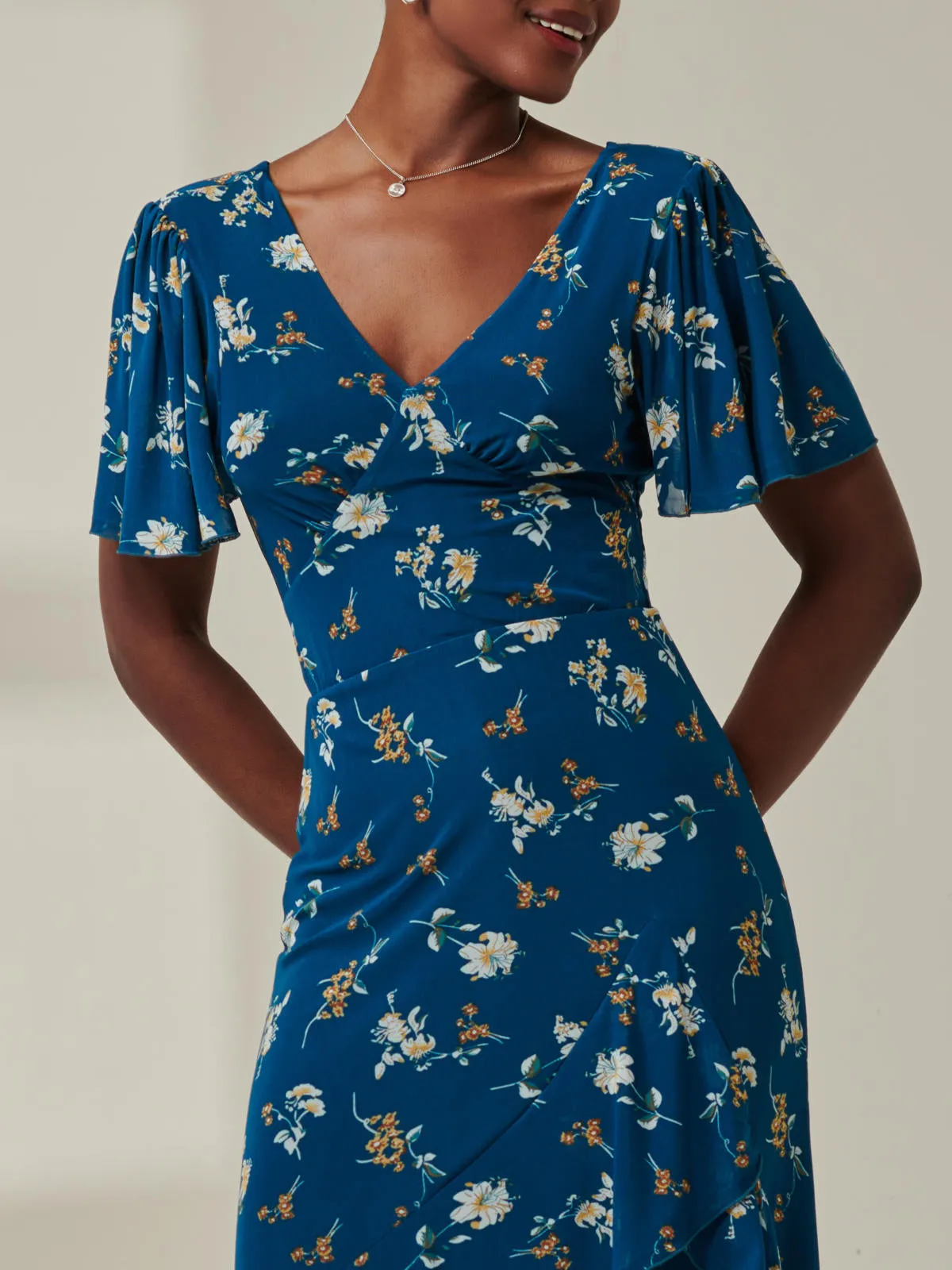 Angel Sleeve Tiered Hem Maxi Dress, Teal Floral