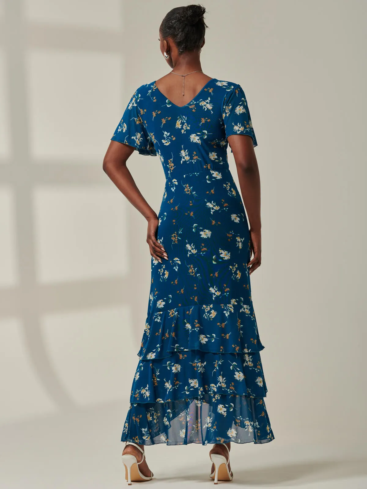 Angel Sleeve Tiered Hem Maxi Dress, Teal Floral