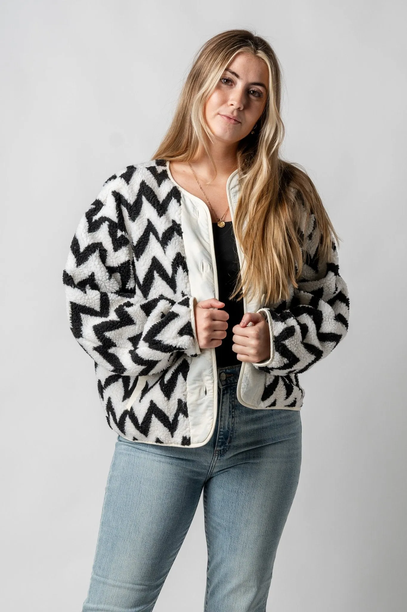 Aztec print faux fur jacket ivory/black