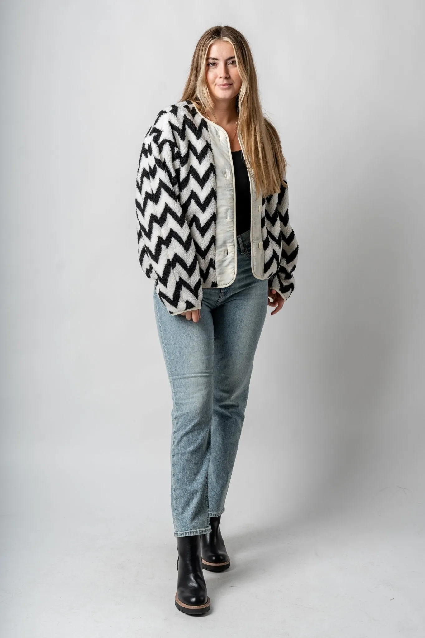 Aztec print faux fur jacket ivory/black