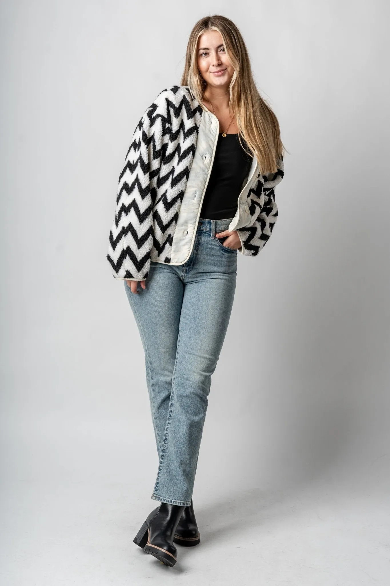 Aztec print faux fur jacket ivory/black