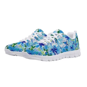 Azure Bloom Oasis: Bright Blue Large Flowers with Lush Green Palm Leaves Womens EVA Mesh Running Shoes US5-US12