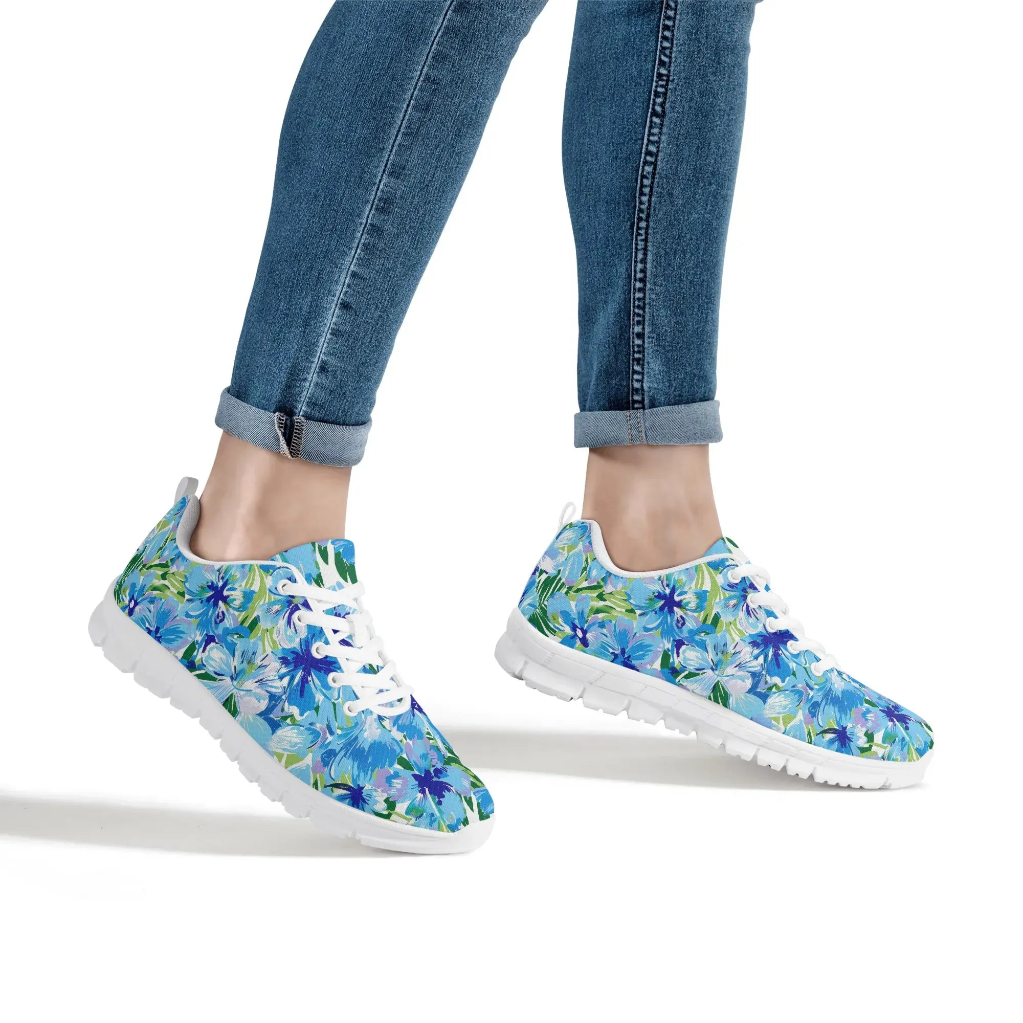 Azure Bloom Oasis: Bright Blue Large Flowers with Lush Green Palm Leaves Womens EVA Mesh Running Shoes US5-US12