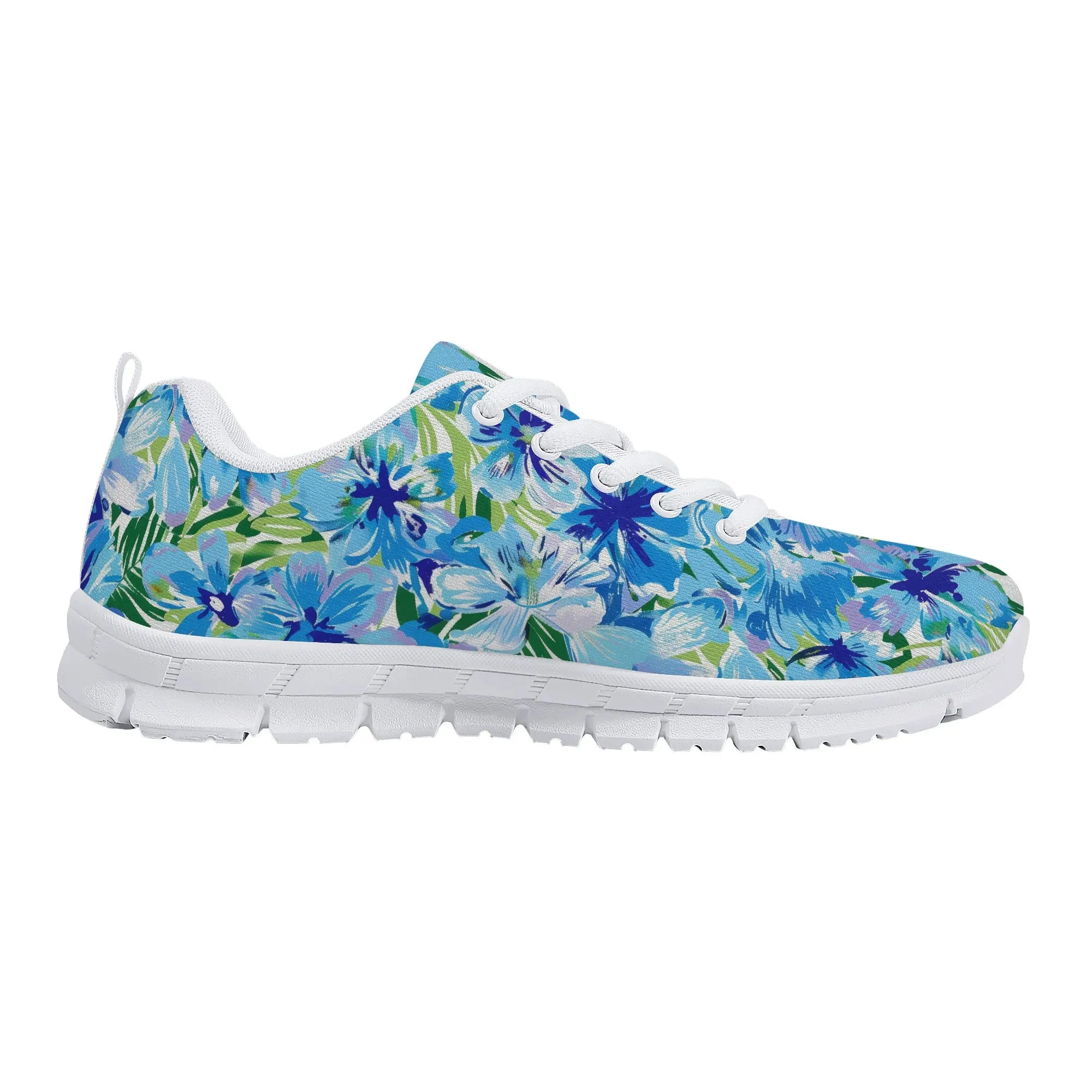 Azure Bloom Oasis: Bright Blue Large Flowers with Lush Green Palm Leaves Womens EVA Mesh Running Shoes US5-US12