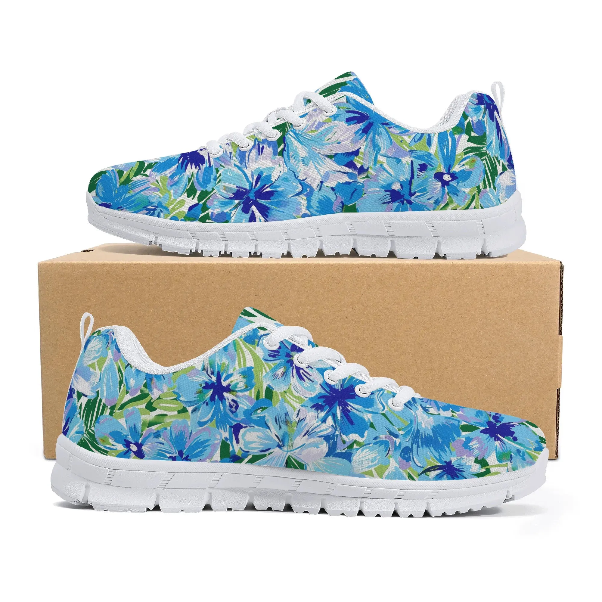 Azure Bloom Oasis: Bright Blue Large Flowers with Lush Green Palm Leaves Womens EVA Mesh Running Shoes US5-US12