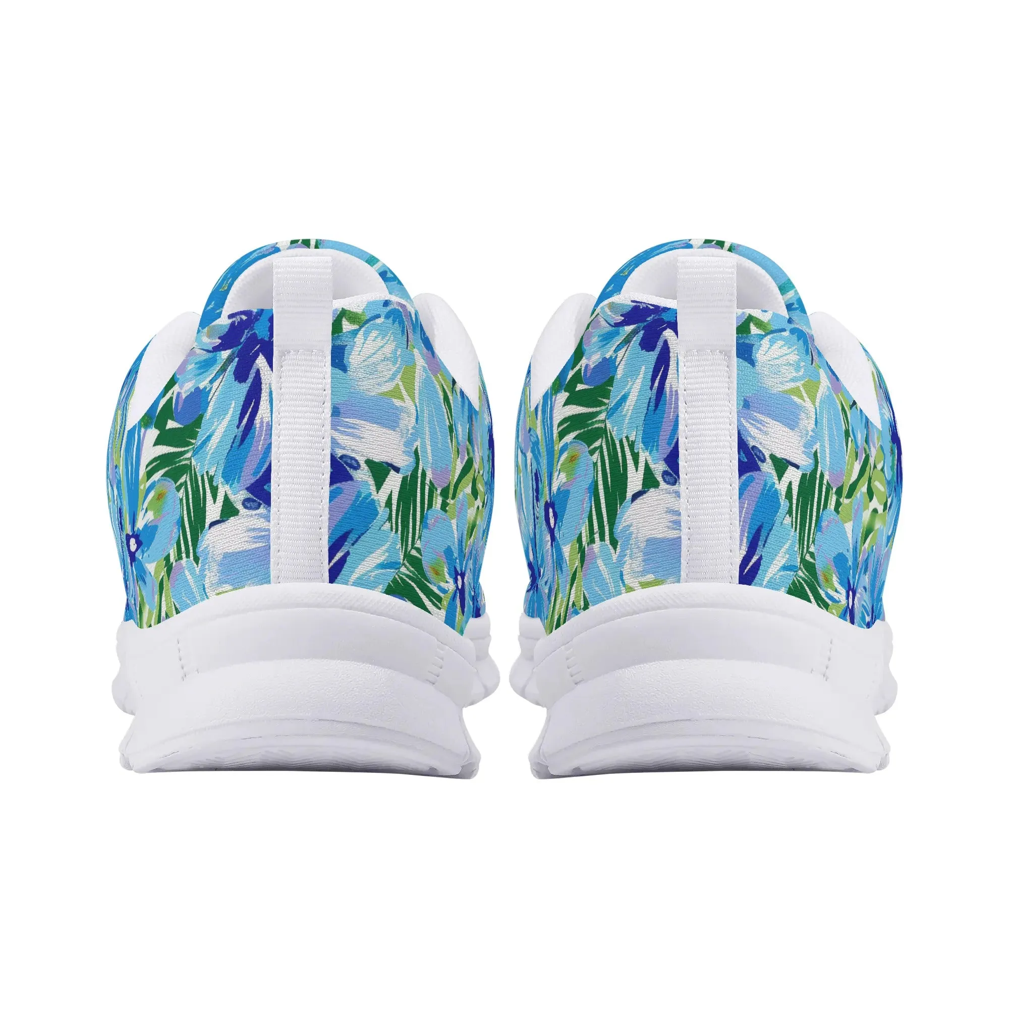 Azure Bloom Oasis: Bright Blue Large Flowers with Lush Green Palm Leaves Womens EVA Mesh Running Shoes US5-US12