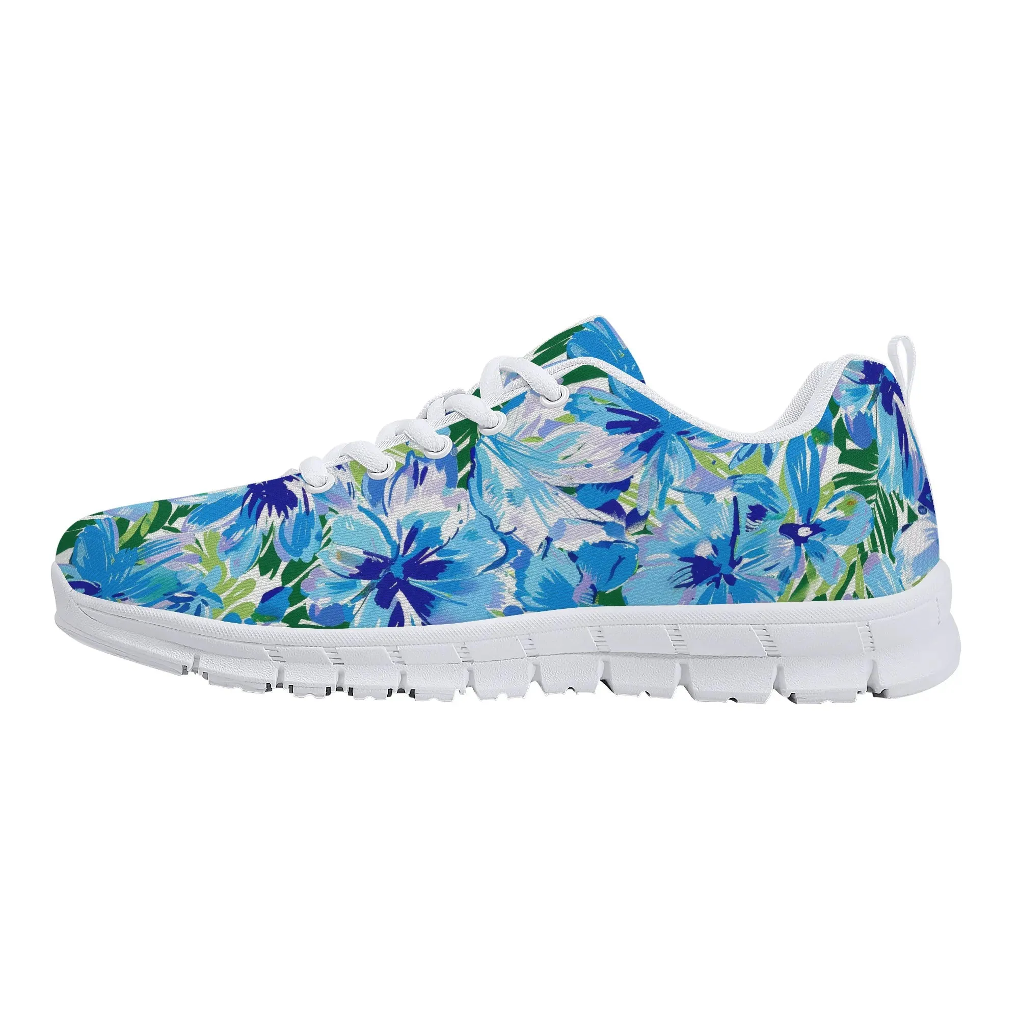 Azure Bloom Oasis: Bright Blue Large Flowers with Lush Green Palm Leaves Womens EVA Mesh Running Shoes US5-US12