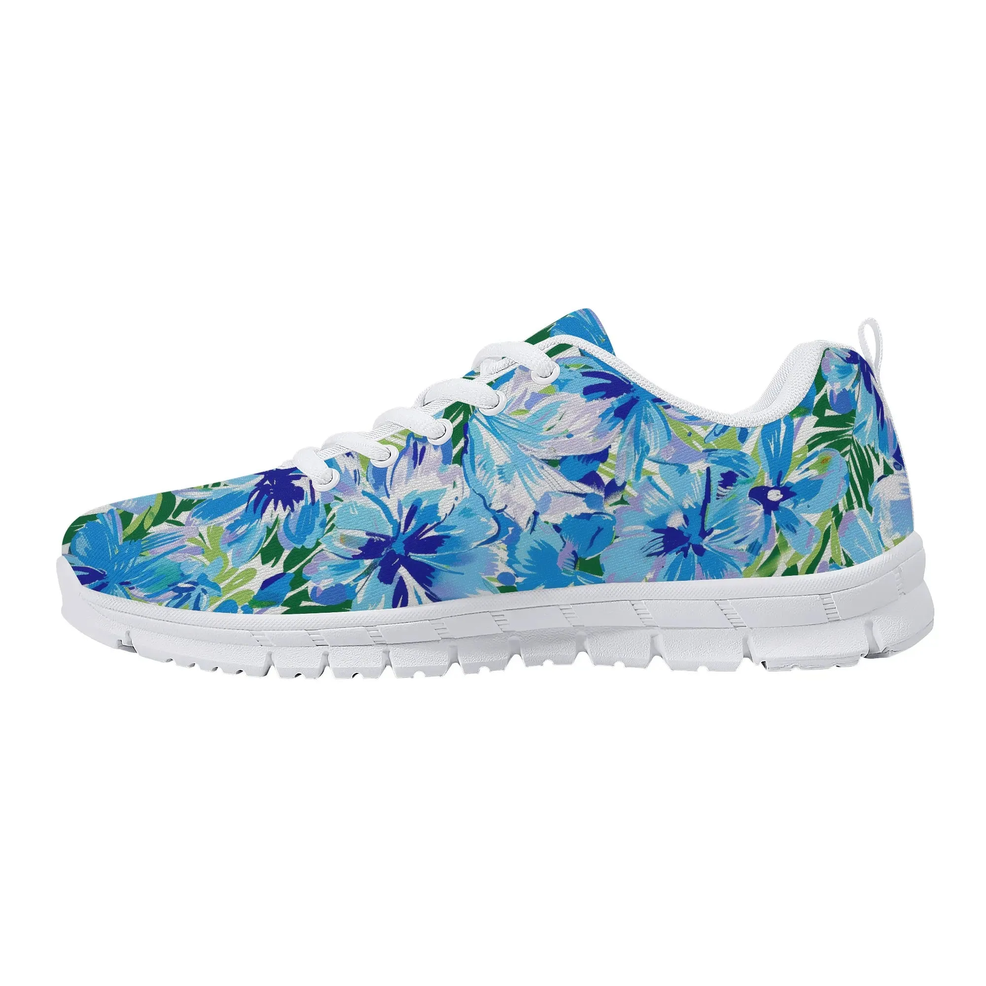 Azure Bloom Oasis: Bright Blue Large Flowers with Lush Green Palm Leaves Womens EVA Mesh Running Shoes US5-US12
