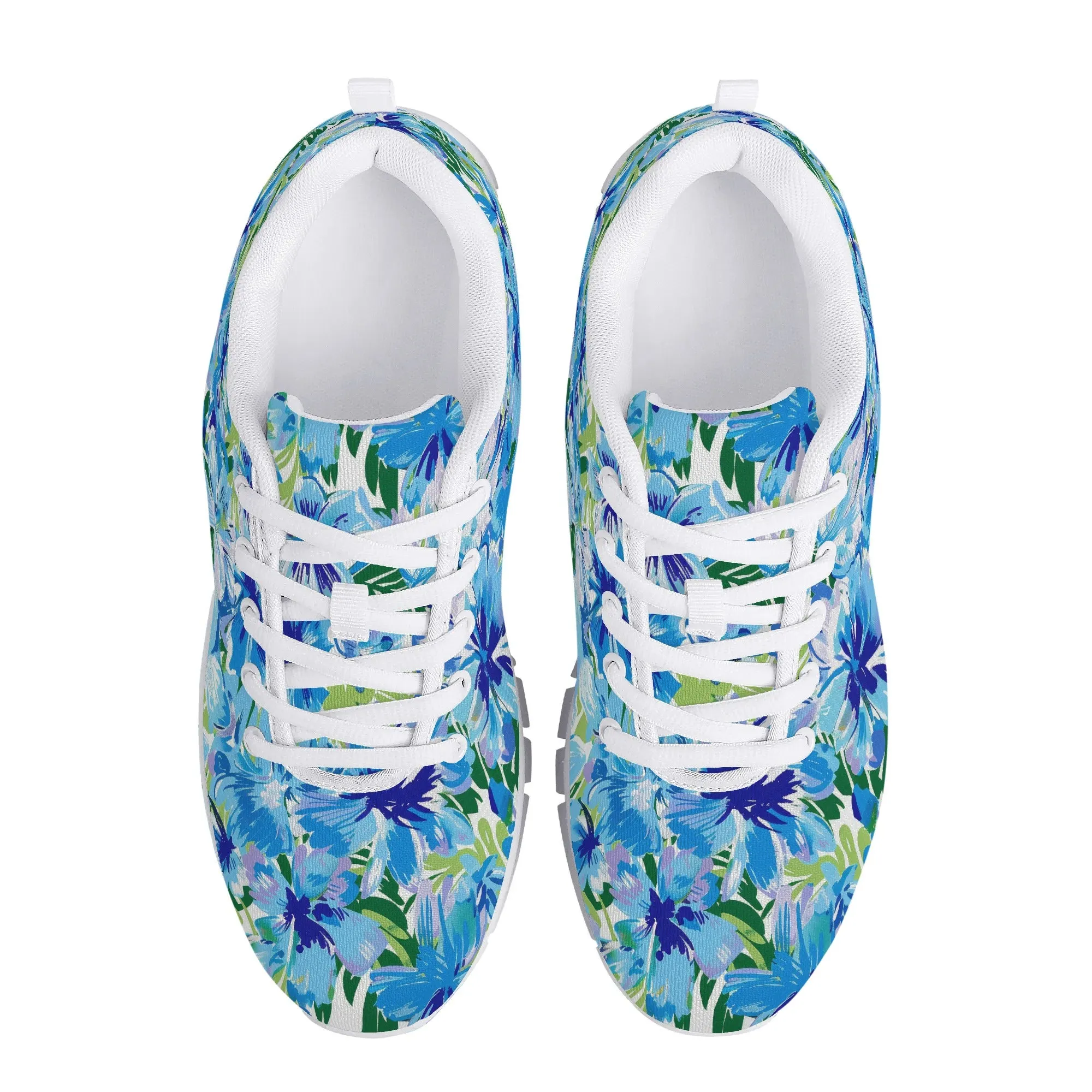 Azure Bloom Oasis: Bright Blue Large Flowers with Lush Green Palm Leaves Womens EVA Mesh Running Shoes US5-US12