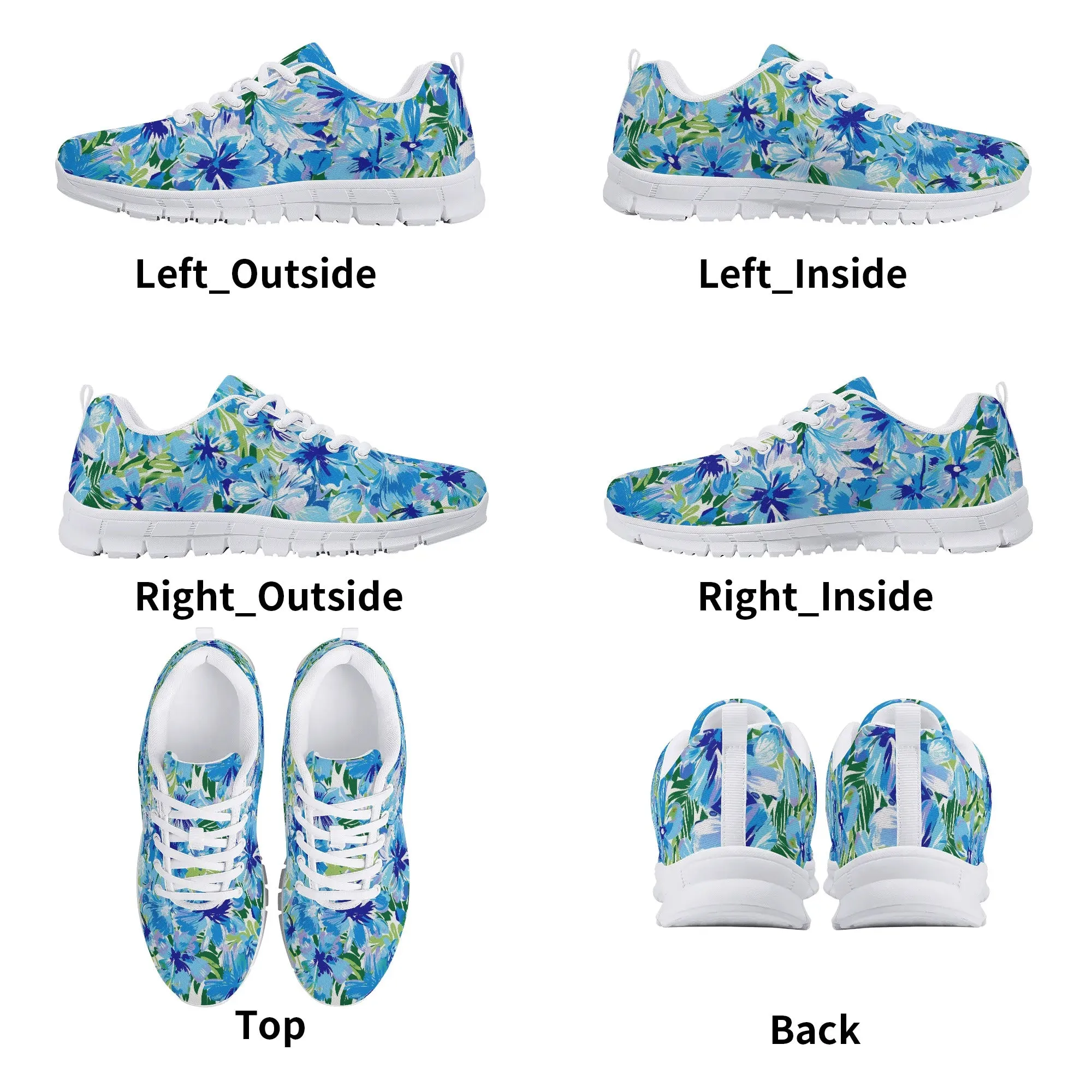 Azure Bloom Oasis: Bright Blue Large Flowers with Lush Green Palm Leaves Womens EVA Mesh Running Shoes US5-US12