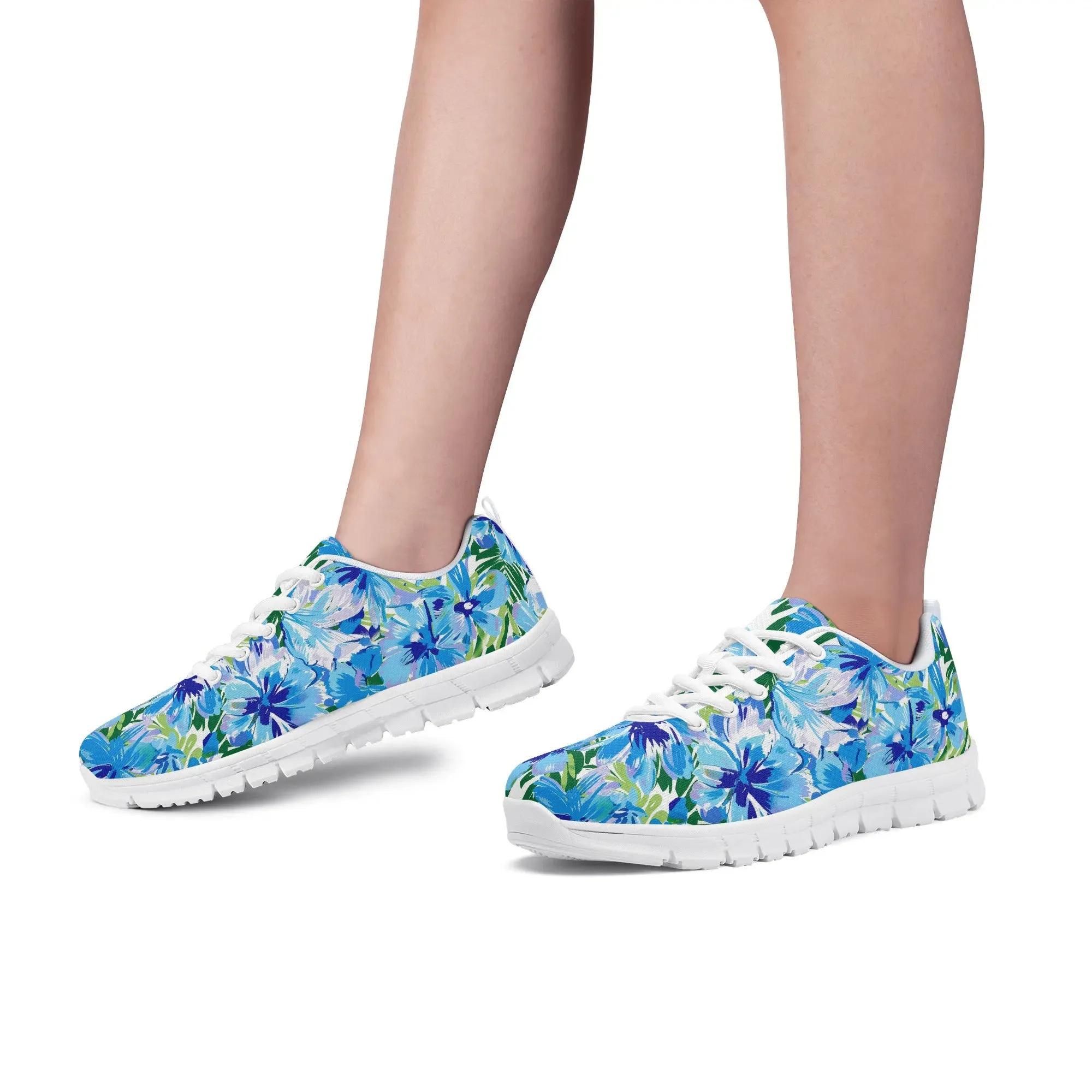 Azure Bloom Oasis: Bright Blue Large Flowers with Lush Green Palm Leaves Womens EVA Mesh Running Shoes US5-US12