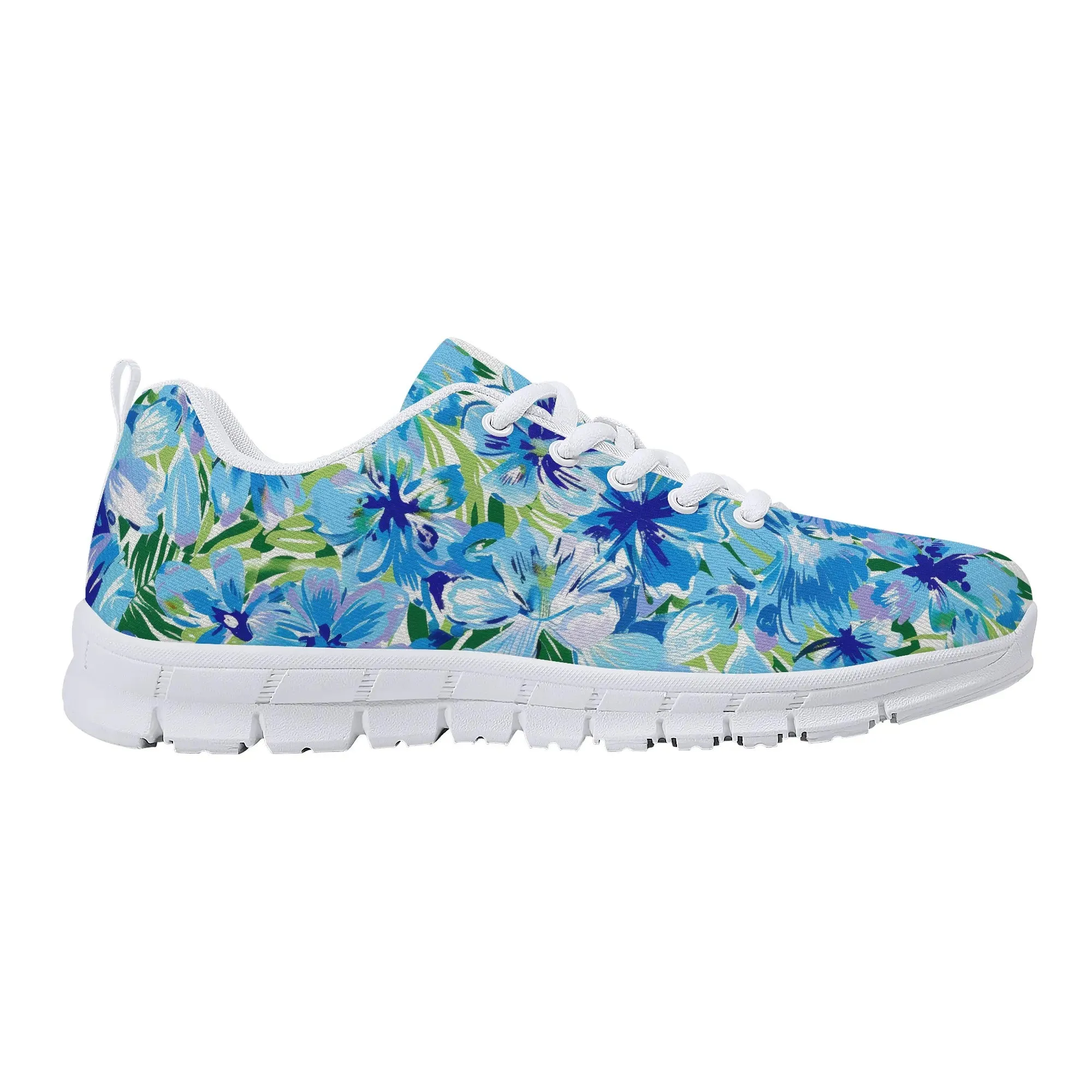 Azure Bloom Oasis: Bright Blue Large Flowers with Lush Green Palm Leaves Womens EVA Mesh Running Shoes US5-US12