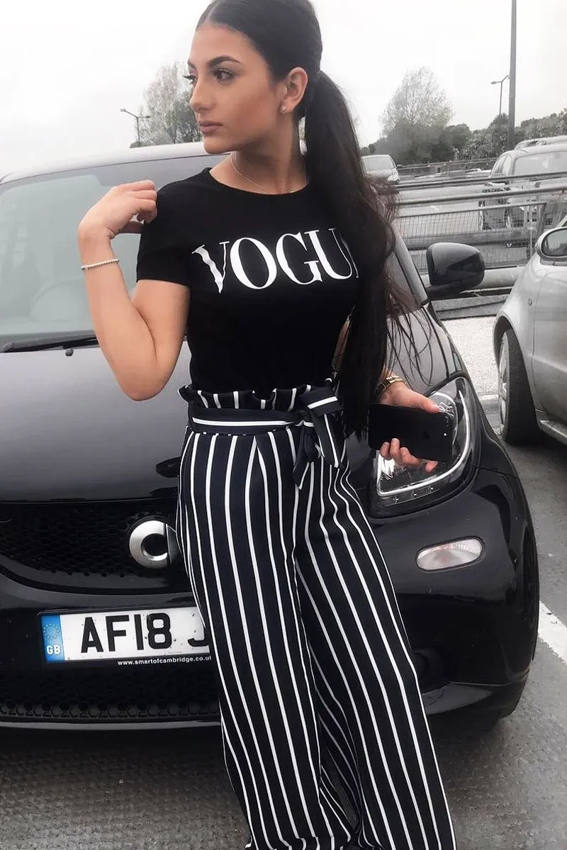 Black and White Stripe Paper Bag Tie Waist Wide Leg Trousers - Kennedy