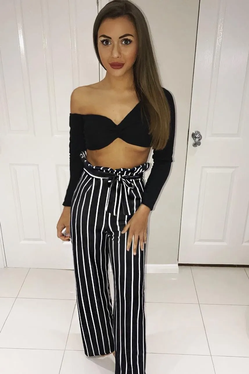 Black and White Stripe Paper Bag Tie Waist Wide Leg Trousers - Kennedy