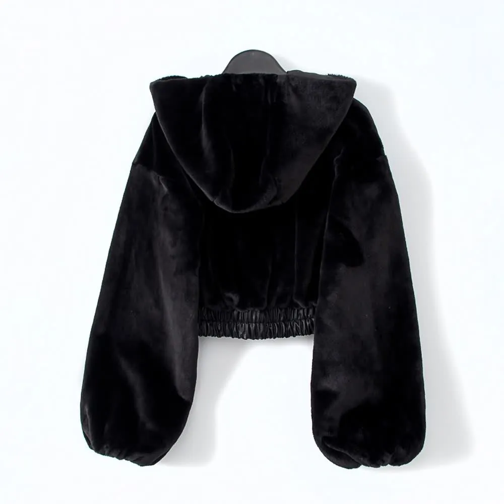 Black Gothic Faux Fur Balloon Sleeve Cropped Hooded Jacket