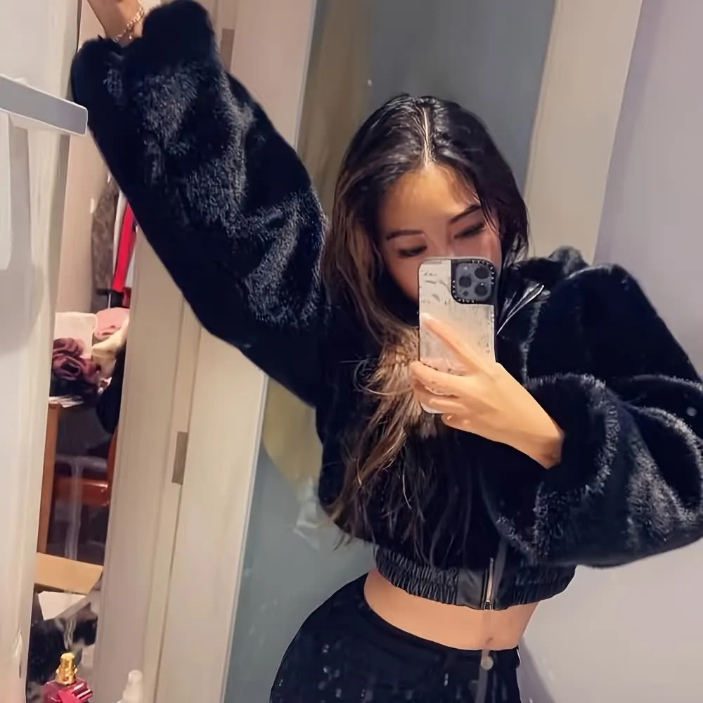 Black Gothic Faux Fur Balloon Sleeve Cropped Hooded Jacket