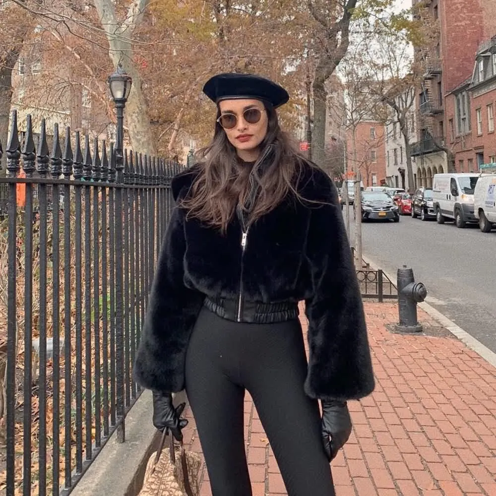 Black Gothic Faux Fur Balloon Sleeve Cropped Hooded Jacket