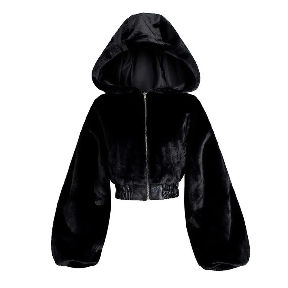 Black Gothic Faux Fur Balloon Sleeve Cropped Hooded Jacket