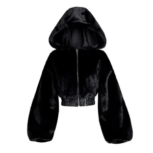 Black Gothic Faux Fur Balloon Sleeve Cropped Hooded Jacket