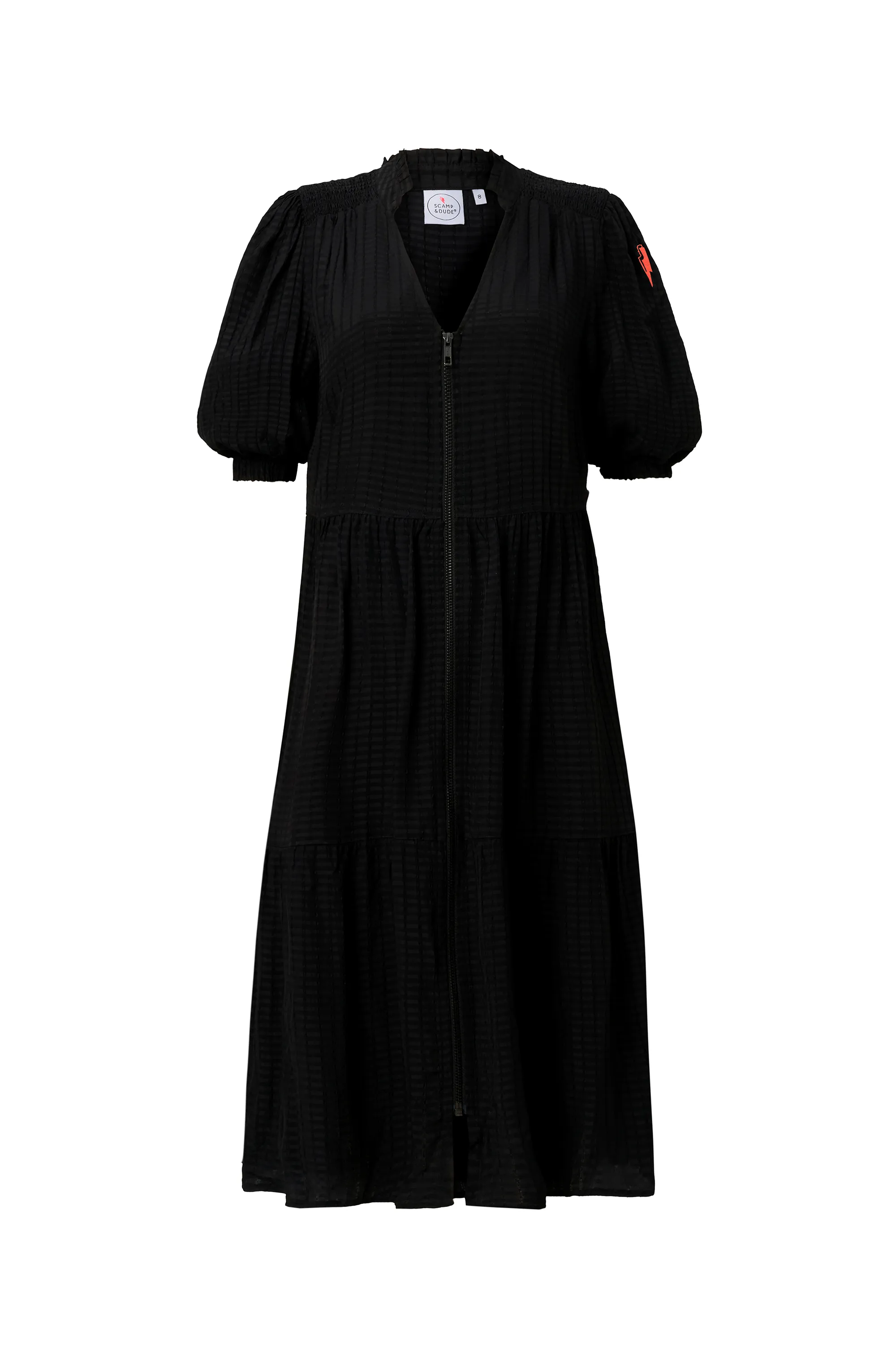 Black Textured Zip Detail Tiered Short Dress