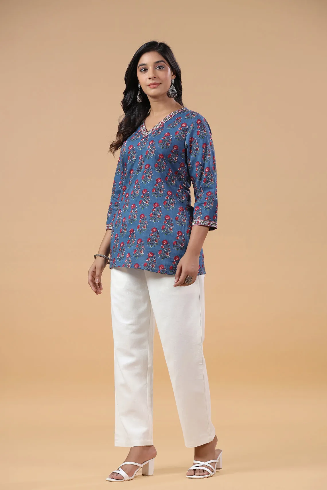 Blue Cotton Floral Printed Top