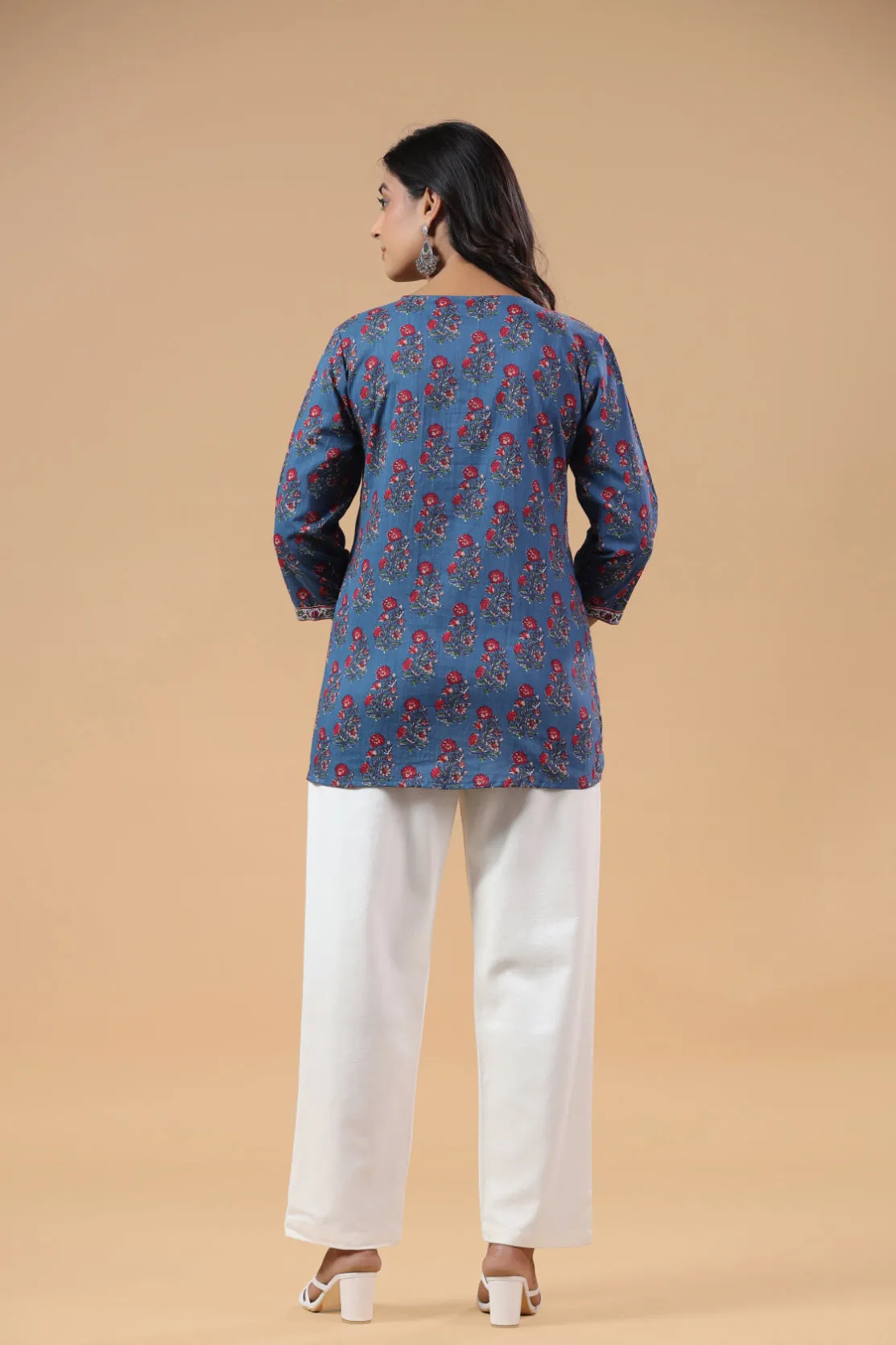 Blue Cotton Floral Printed Top
