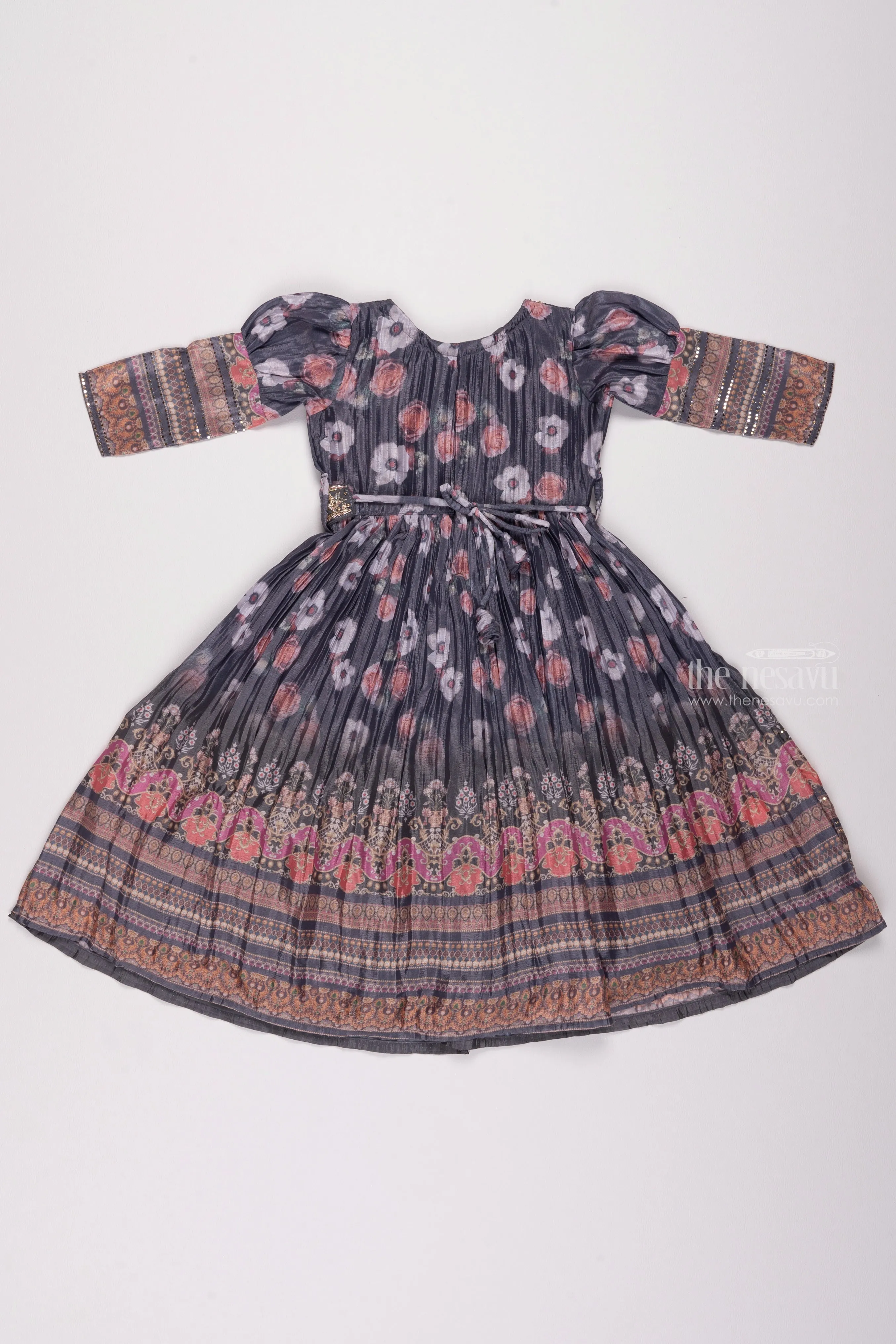 Blue Elegance: Aari Embroidered & Floral Pleated Gown with Puff Sleeves
