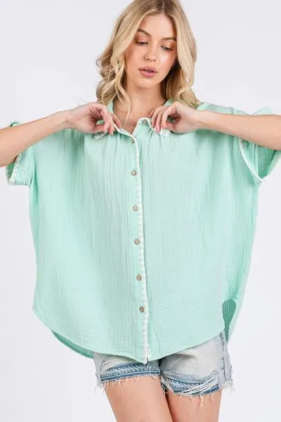 Boho Contrast Zigzag Trim Gauze Button-Up Shirt