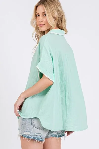 Boho Contrast Zigzag Trim Gauze Button-Up Shirt
