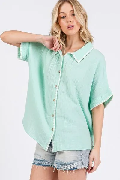 Boho Contrast Zigzag Trim Gauze Button-Up Shirt