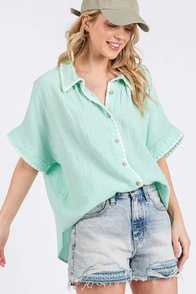 Boho Contrast Zigzag Trim Gauze Button-Up Shirt