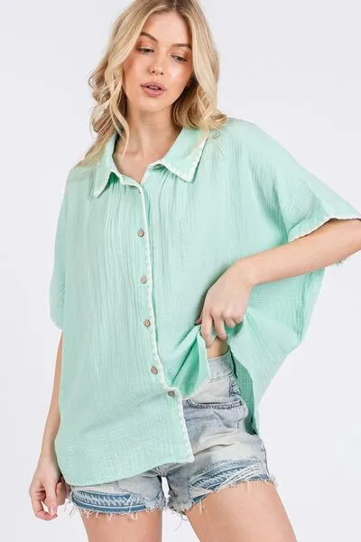 Boho Contrast Zigzag Trim Gauze Button-Up Shirt