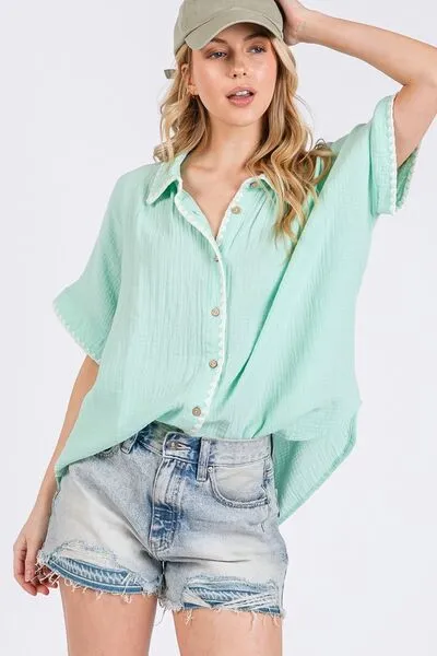 Boho Contrast Zigzag Trim Gauze Button-Up Shirt