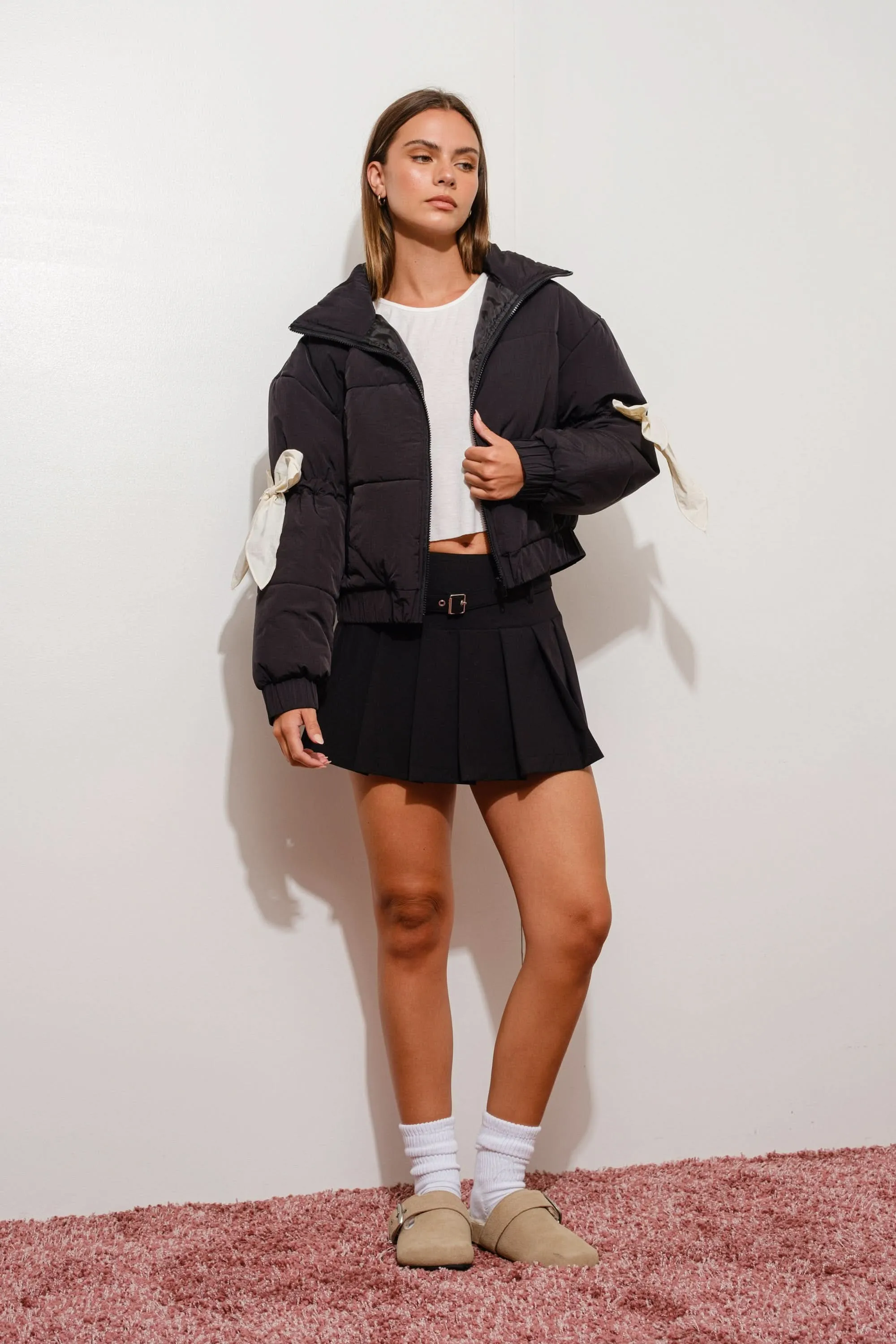 Bow Puffer Jacket-Black