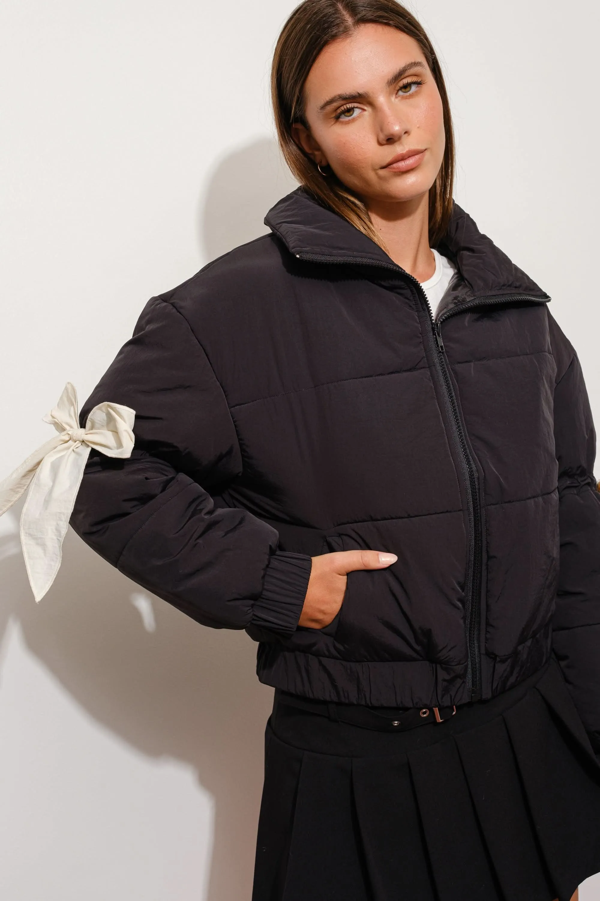 Bow Puffer Jacket-Black