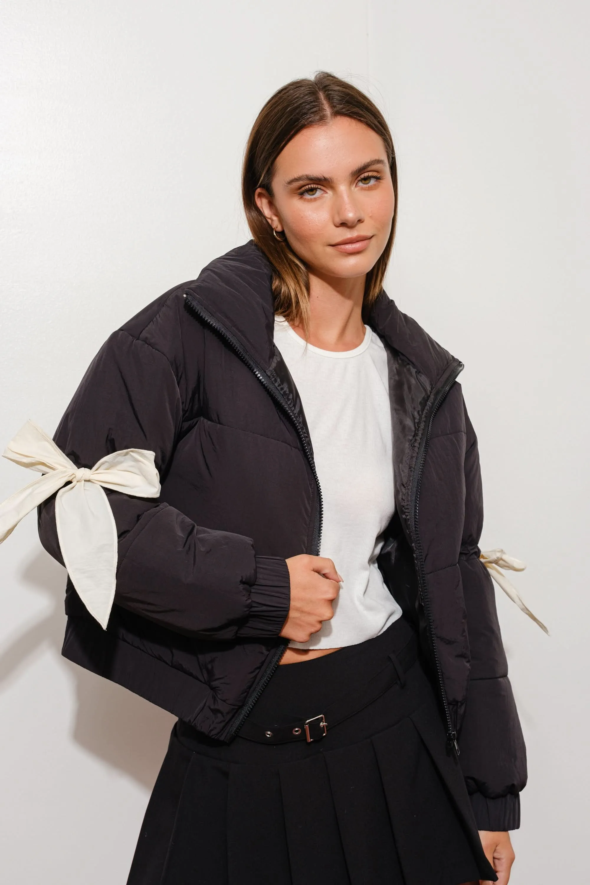 Bow Puffer Jacket-Black