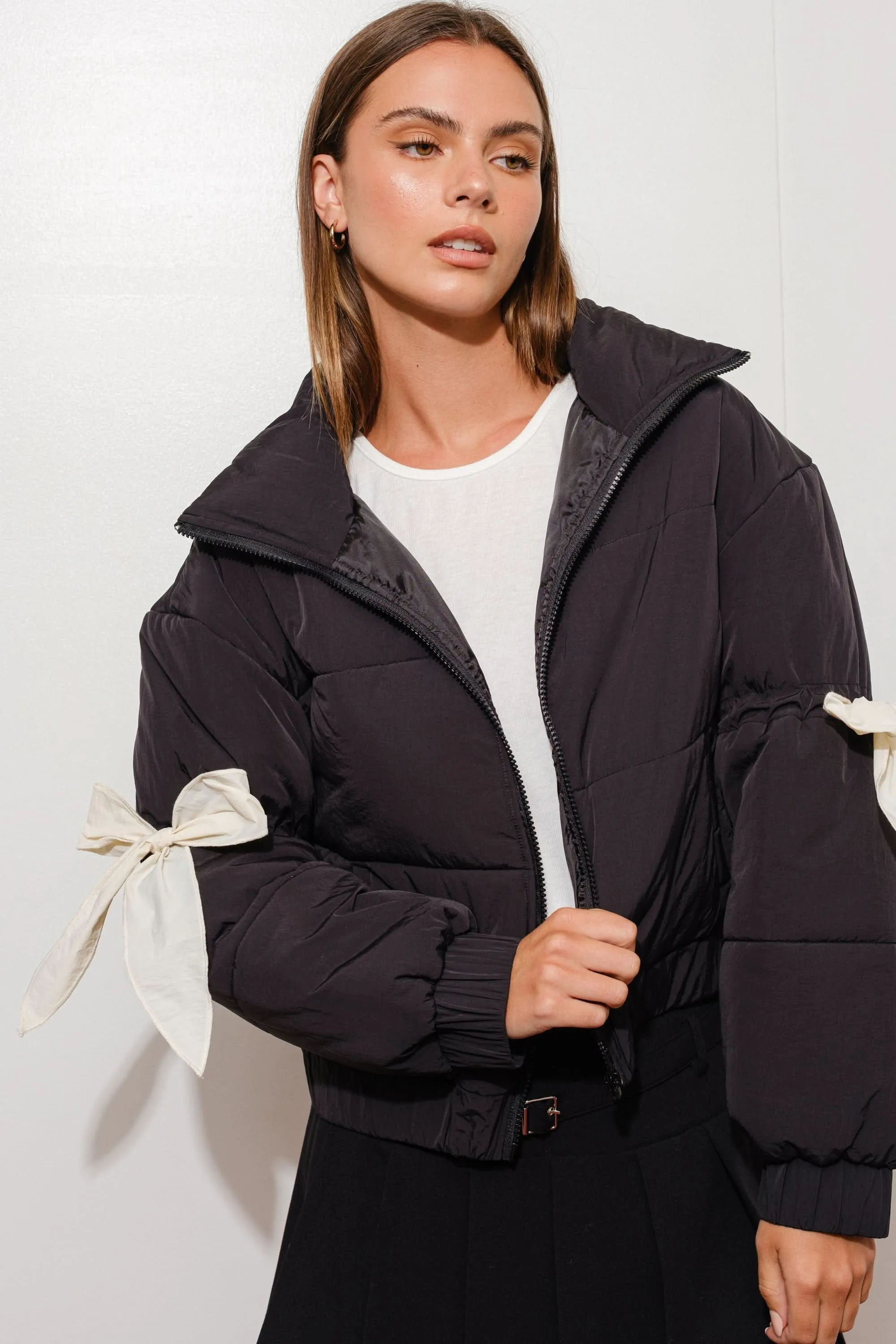 Bow Puffer Jacket-Black