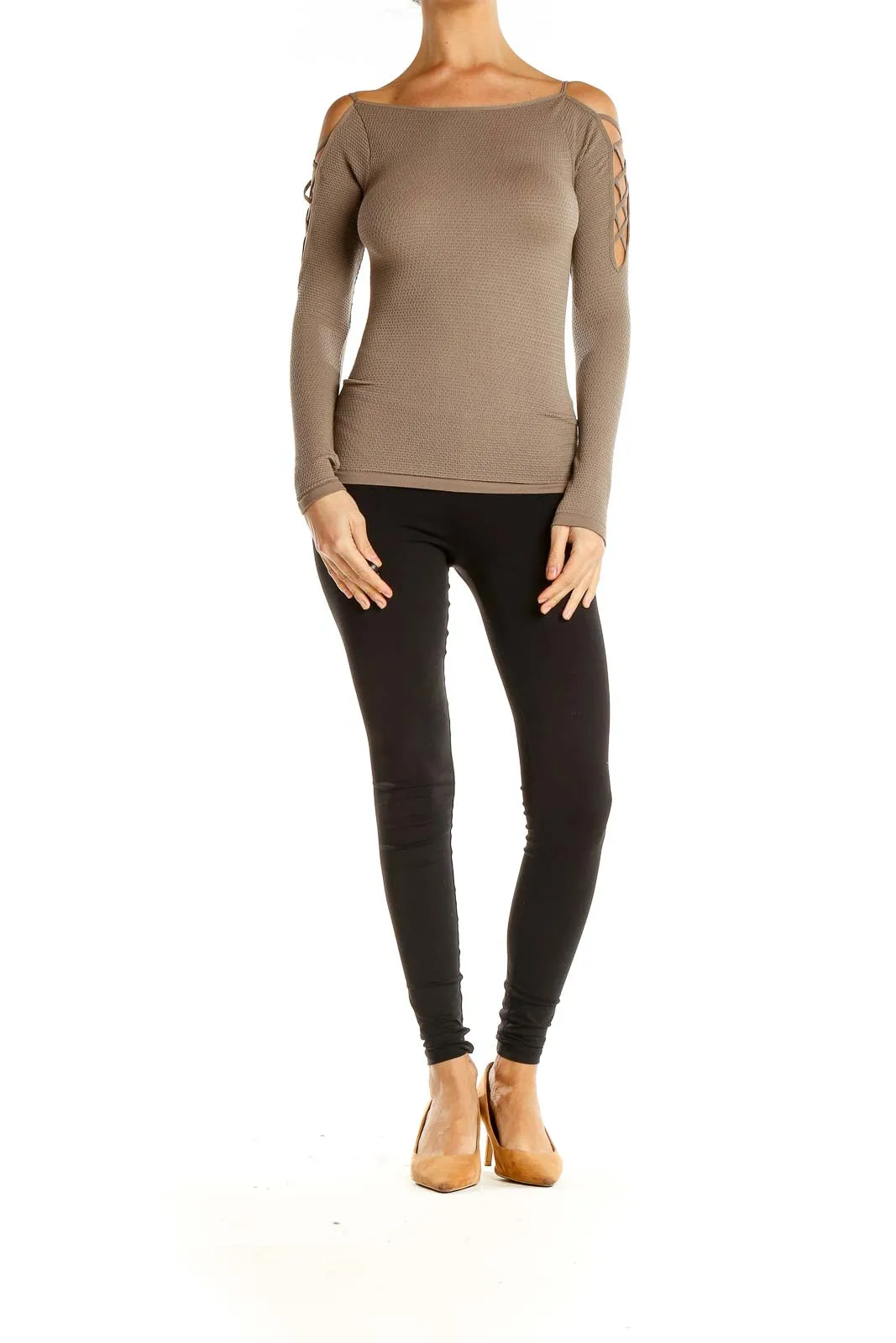 Brown Casual Top with Lace Up Sleeve Detail