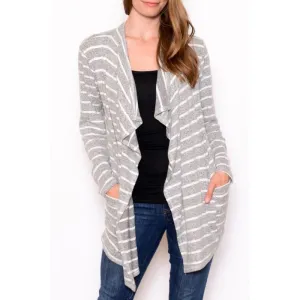 Brushed Super Soft, Drape Front Gray/White Striped Cardi