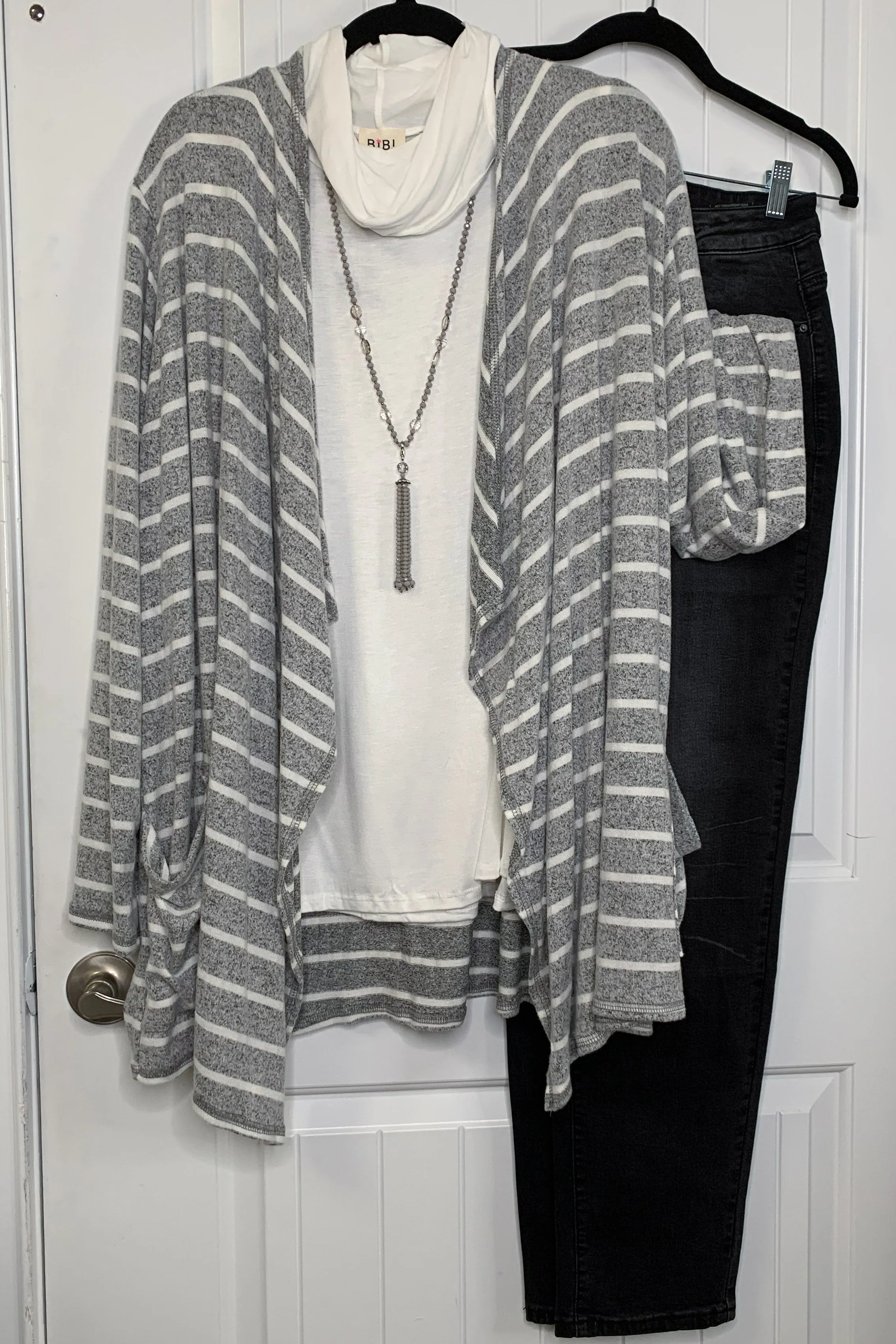 Brushed Super Soft, Drape Front Gray/White Striped Cardi
