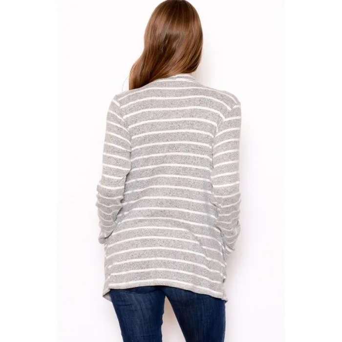 Brushed Super Soft, Drape Front Gray/White Striped Cardi