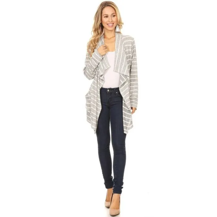 Brushed Super Soft, Drape Front Gray/White Striped Cardi