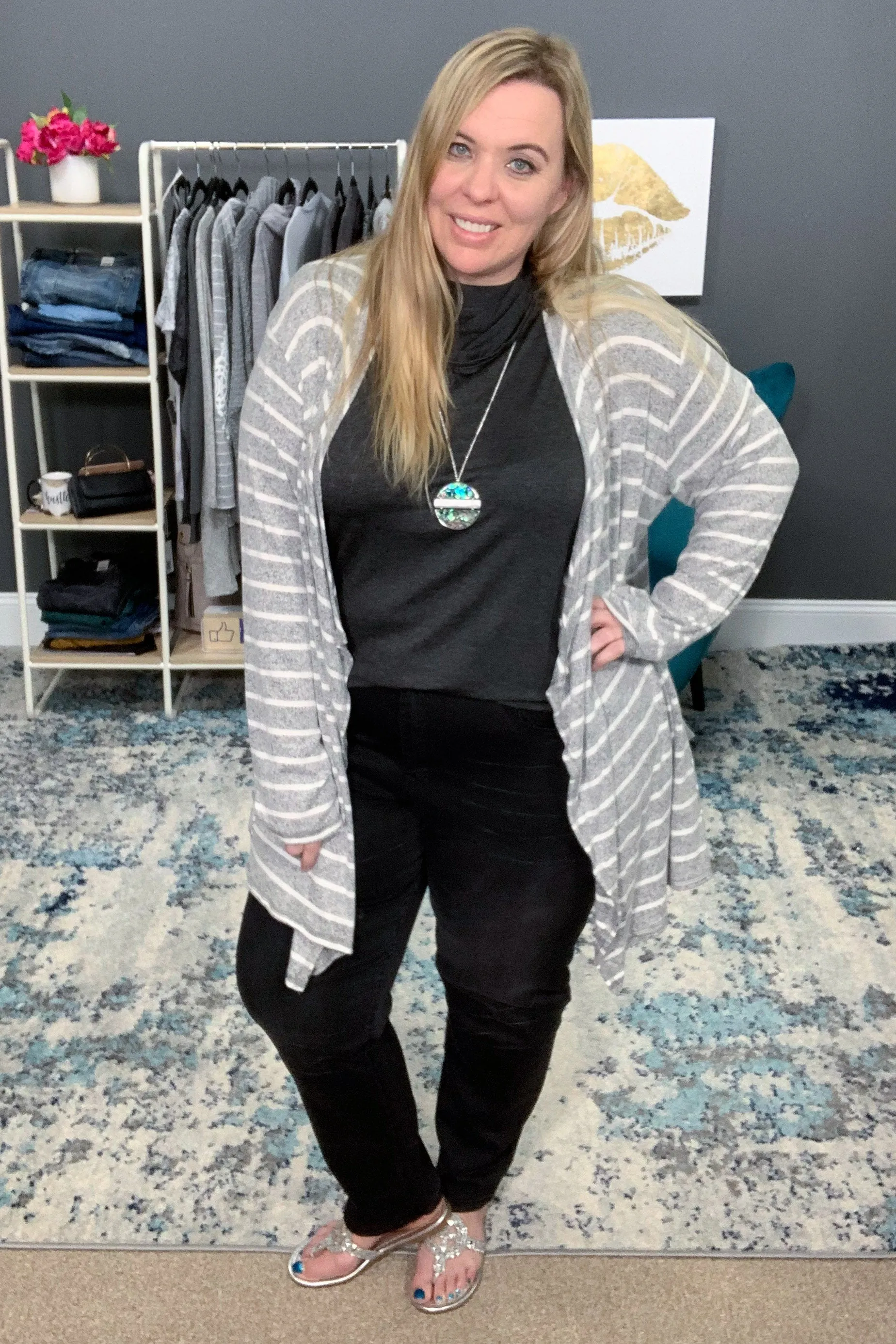 Brushed Super Soft, Drape Front Gray/White Striped Cardi