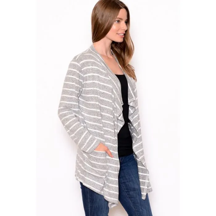 Brushed Super Soft, Drape Front Gray/White Striped Cardi