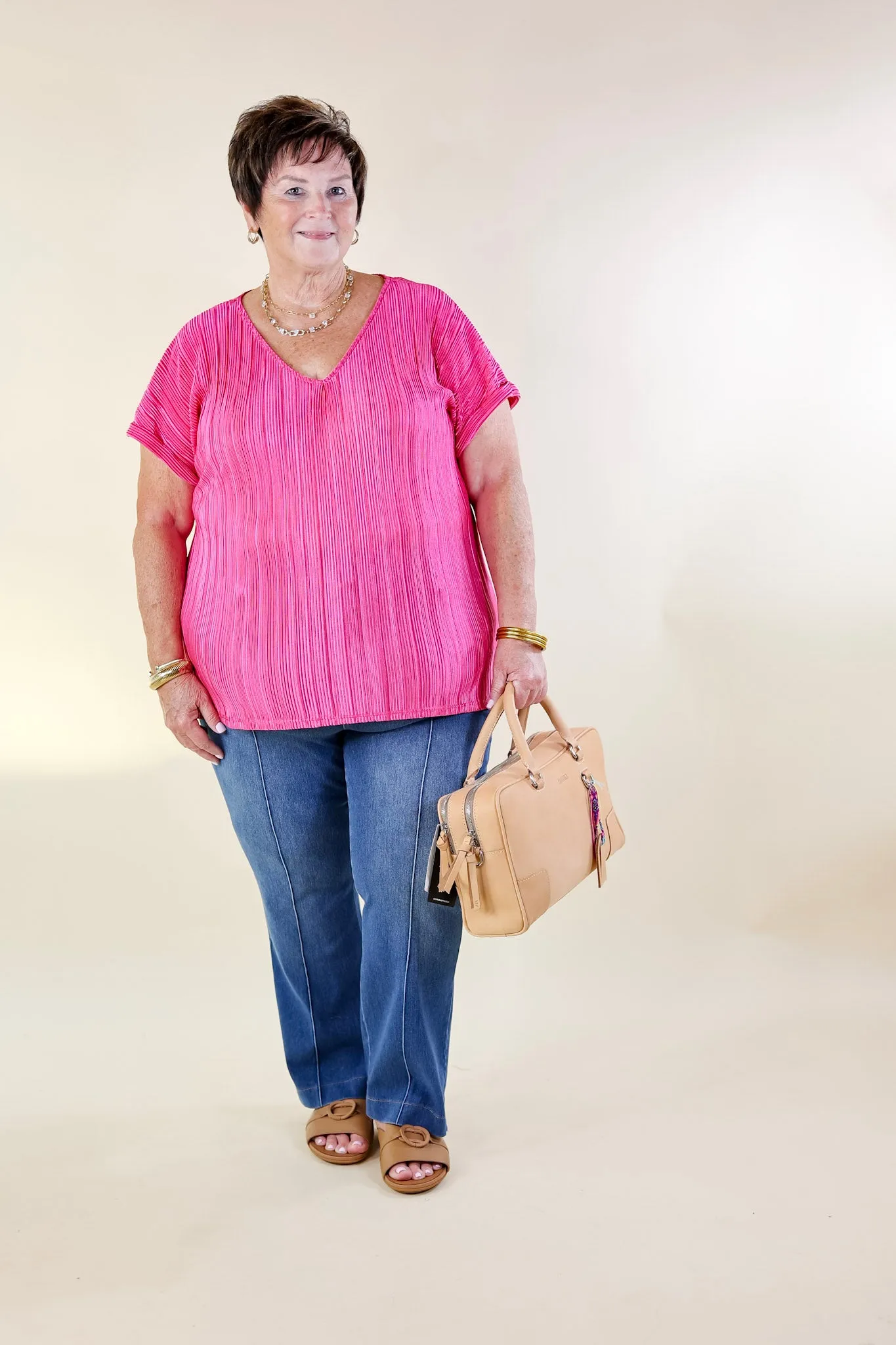 Casual Charm V Neck Plissé Top in Magenta