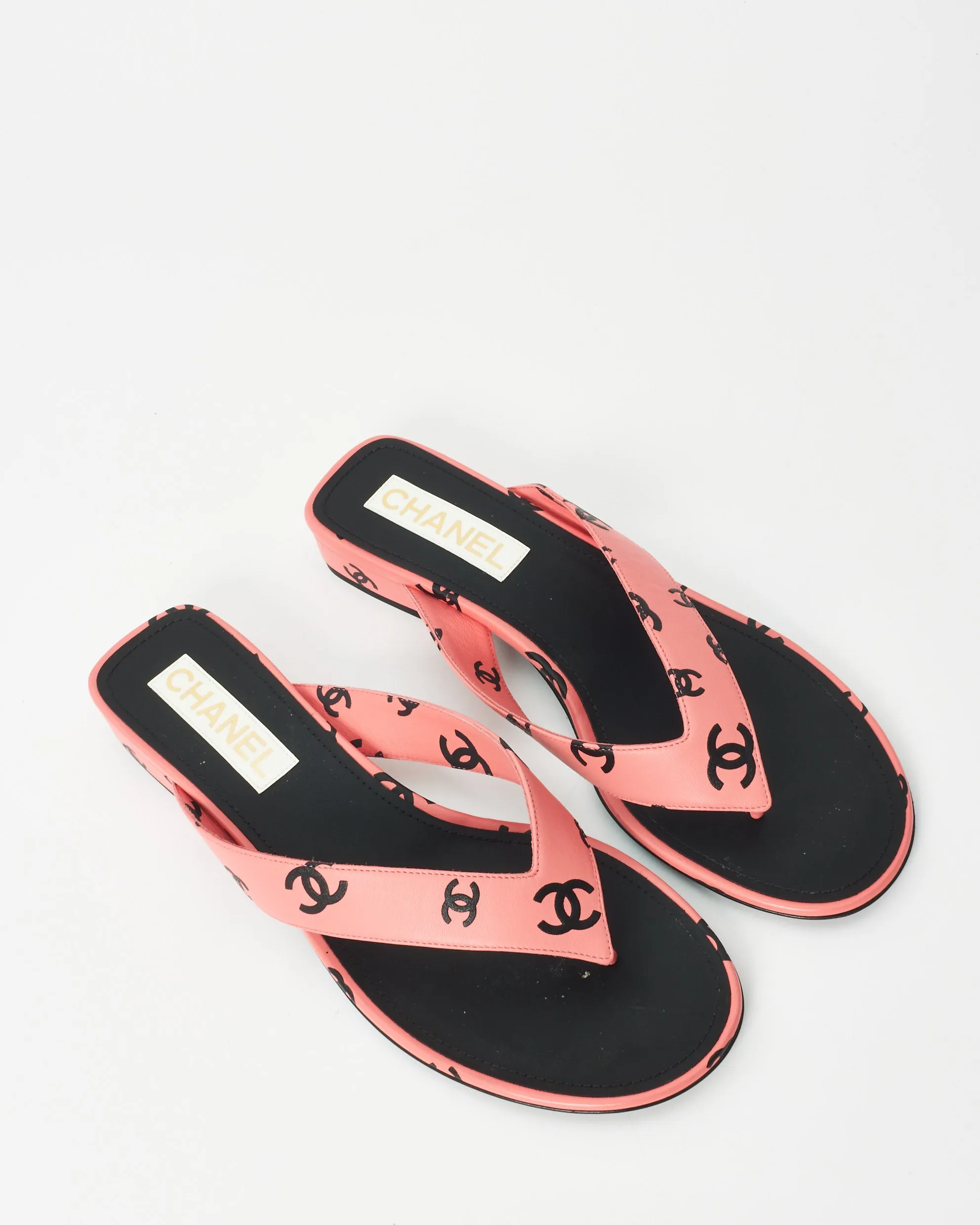 Chanel Pink & Black Logo Leather 22S Flip Flop Sandals - 42