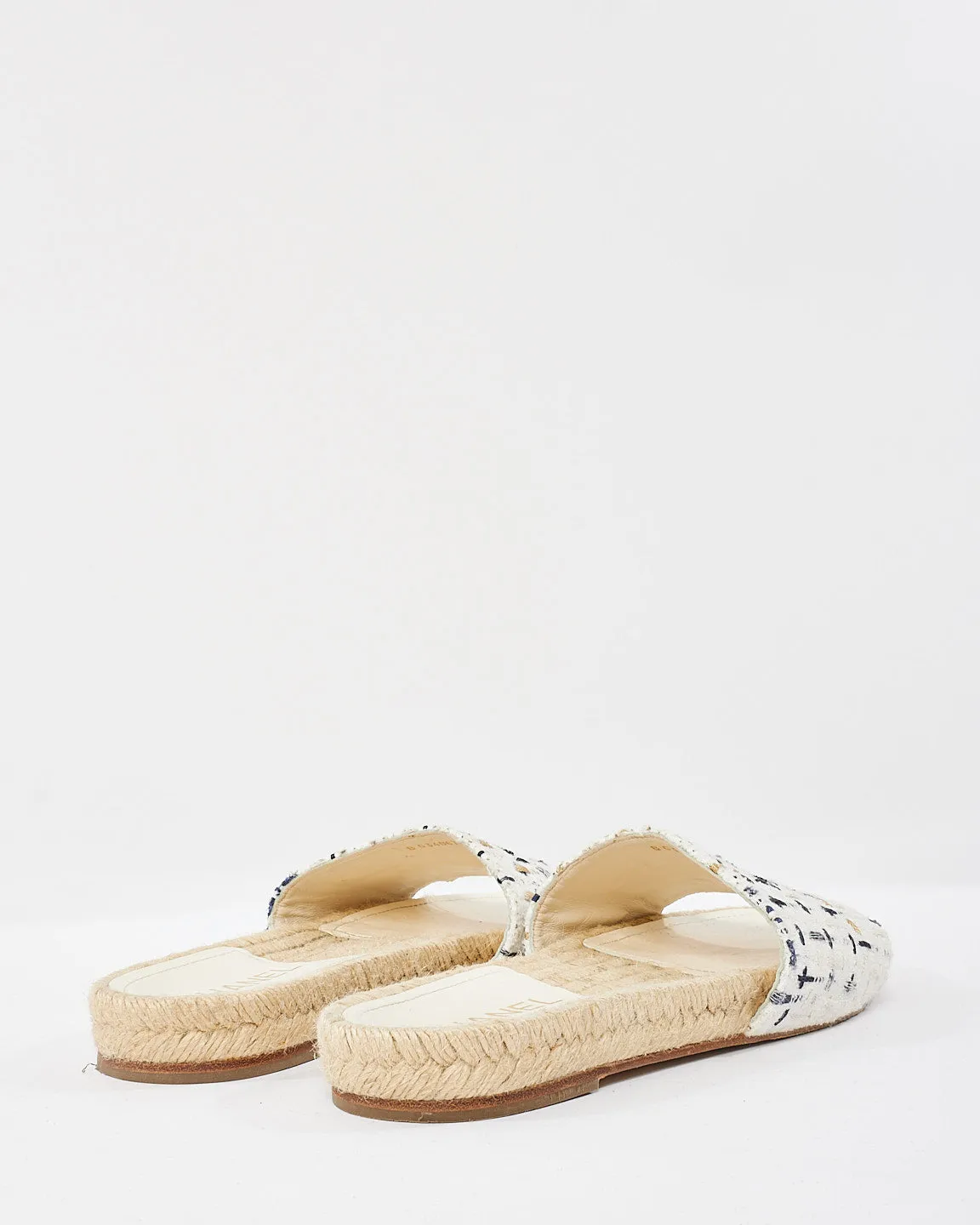 Chanel White Navy & Gold Tweed Logo Espadrille Sandals - 38
